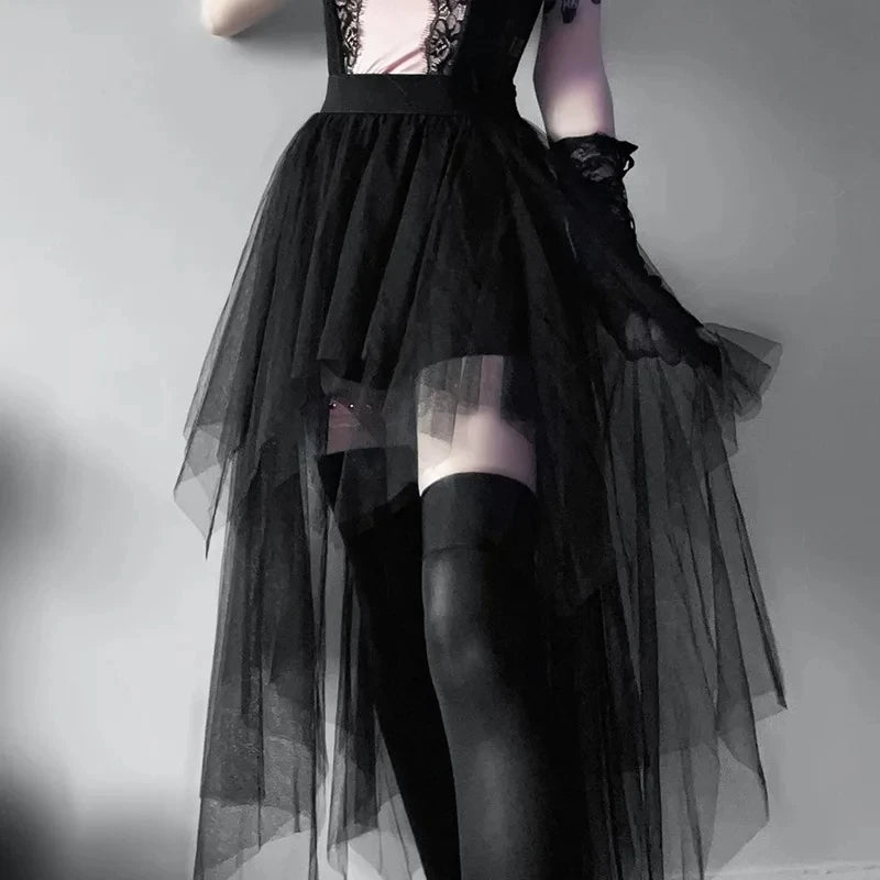 Casual Skirts Punk Sexy Net Yarn High-Waisted Irregular Skirt for Women Summer New European and American Gothic Style Versatile