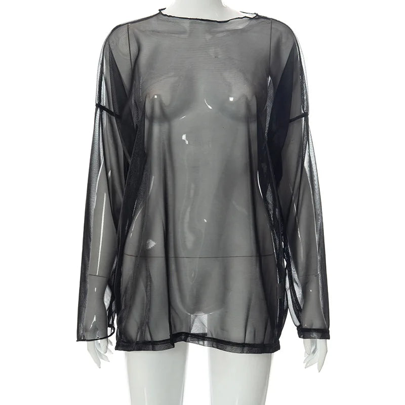 See Through T Shirts For Women Y2k Clothes Sexy Crop Tops Long Sleeve Oversized Tshirt O-Neck Club Outfit Reflective Egirl Tees