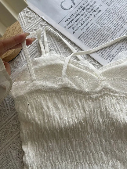 Summer Woman Clothes y2k Tops French Diamond Appliqué Camisole Bottoming Shirt Lace Crop Top Women's Folds Spaghetti Strap Tops