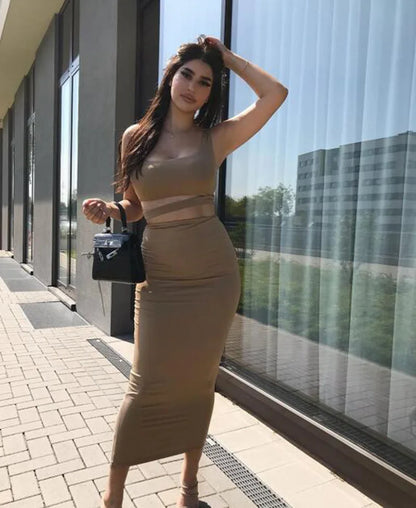 Women Dress Elegant Long Dresses Party Night Dress Women Dresses Woman Female Clothing Sexy Pleated Hollowout Two-piece Dress