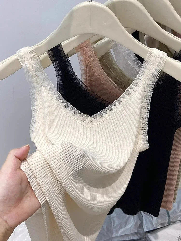 2025 Women Summer Fashion Thin Knitted Undershirt Sleeveless Corset Top Half High Neck Comfortable Breathable Lace Tank Top New