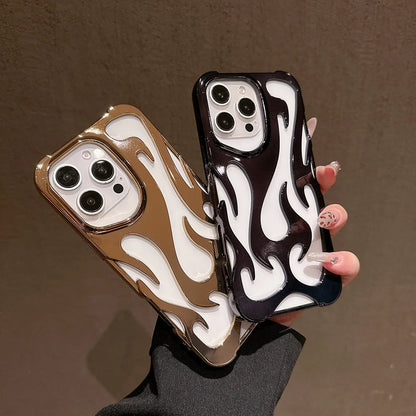 Fashion Plating 3D Hollowed Flame Phone Case For iPhone 16 15 14 13 12 11 Pro Max Fundas Creative Electroplated Soft Back Cover