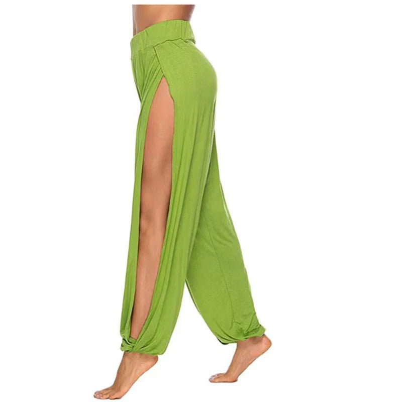 Women Fashion Yoga Pants High Waisted Slit Wide Leg Haren Pants Gym Leggings Casual Solid Hollow Workout Trousers Gym Home Wear
