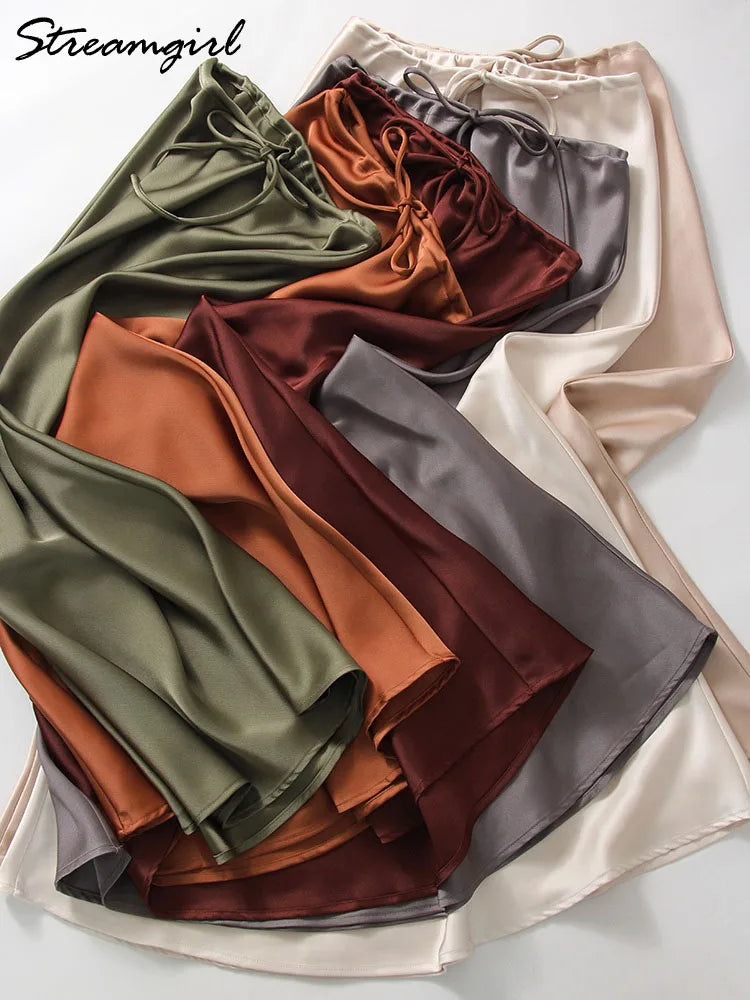 Long Black Satin Skirts Women For Work Summer Autumn Straight Brown Skirt Long Belt Coffee Formal Silk Maxi Skirt For Ladies