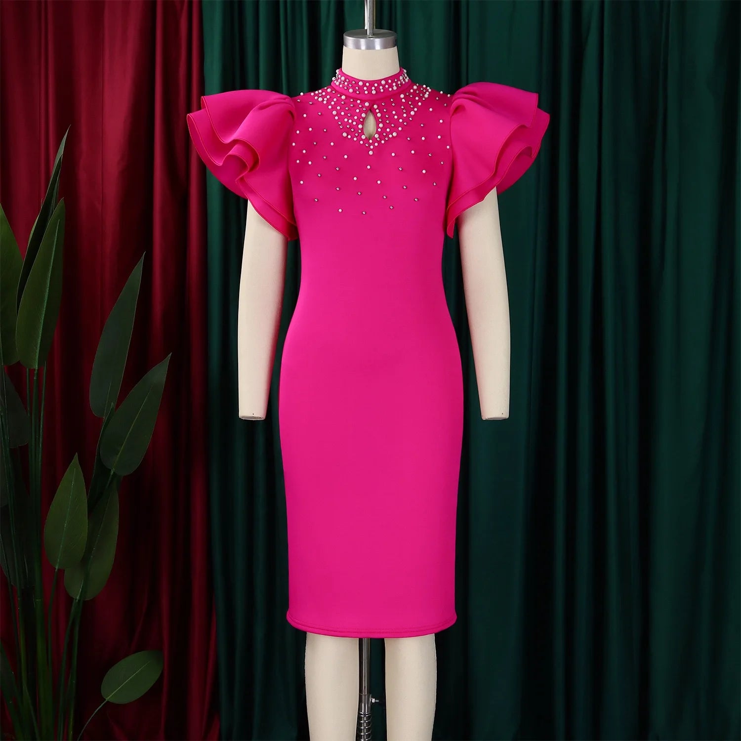 Elegant Dresses for Women O Neck Ruffles Sleeve Beaded Sheath Package Hips Mid Calf Luxury Birthday Party Dinner Vestidos Mujer