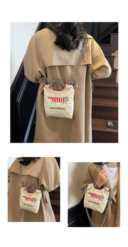 Embroidered canvas bag for women; light single shoulder bag for spring and summer; cross-body handbag.