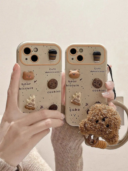 Cute Bear Coffee Phone Case, for IPhone 11 15 14 13 12 Pro Max 15Pro 14Pro Shockproof Silicone Cover ,with Lanyard Full Cases
