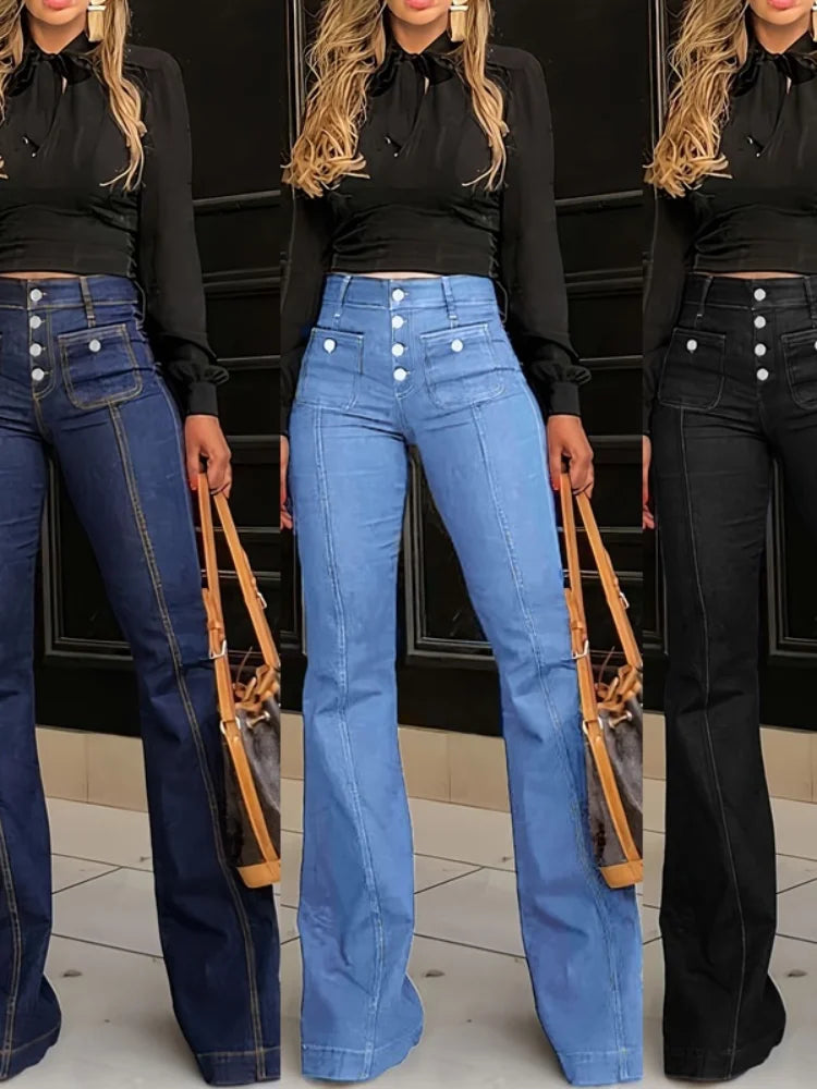 Women Fashion Vintage  Washing Denim Long Pant Wide Leg High Waist Jeans 2025 New Lady Summer Commuter Y2k  Denim Trousers