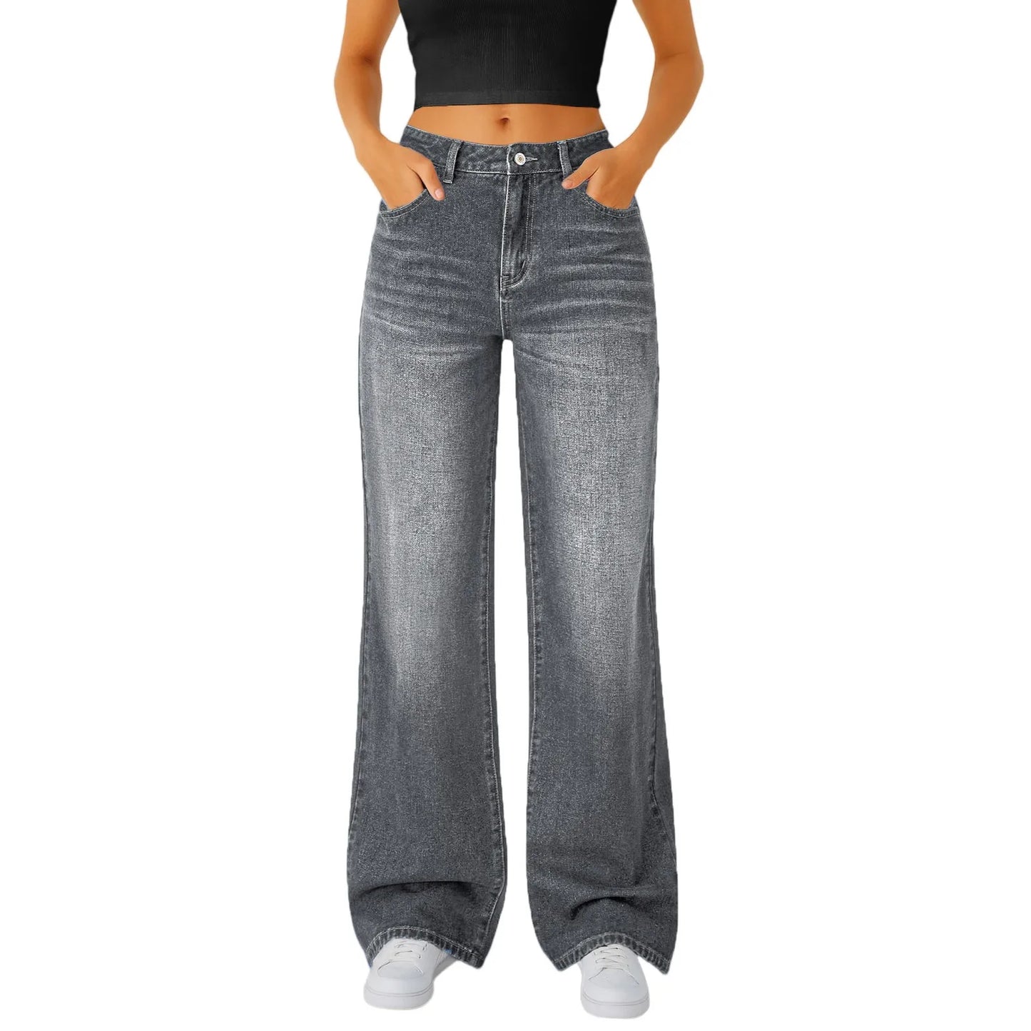 Jeans Women Straight Long Pants Casual Floor Length Mom Pant Blue High Waist Elegant Zipper Fly Pockets Slim Y2k Denim Trousers