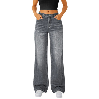 Jeans Women Straight Long Pants Casual Floor Length Mom Pant Blue High Waist Elegant Zipper Fly Pockets Slim Y2k Denim Trousers