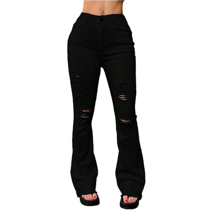 2025 New Spring Women's Ripped Jeans Cotton Slim High Waist Solid Color Sexy Denim Pants Fashion Street Flared Pants