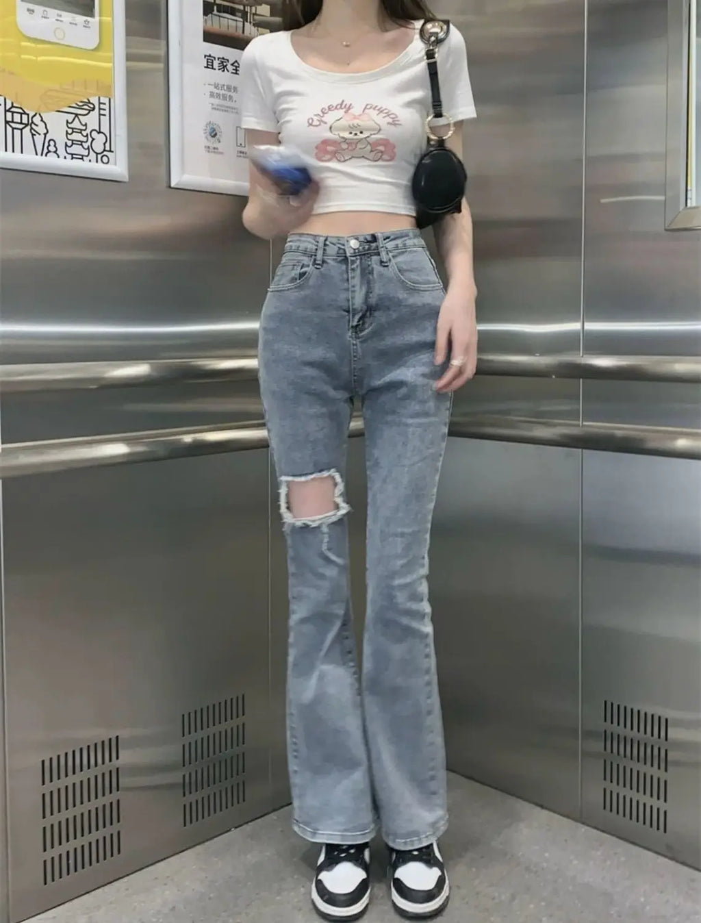 Denim Pants for Women Blue Womens Ripped Jeans Slim Fit Straight Leg Bell Bottom Trousers Original Emo Wholesale Stylish Wide A