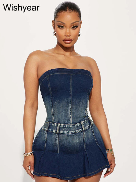 Sexy Blue Denim Strapless Skirts Shorts Women Summer Off Shoulder Jean Playsuits Rompers Streetwear Beach Club Short Jumpsuits