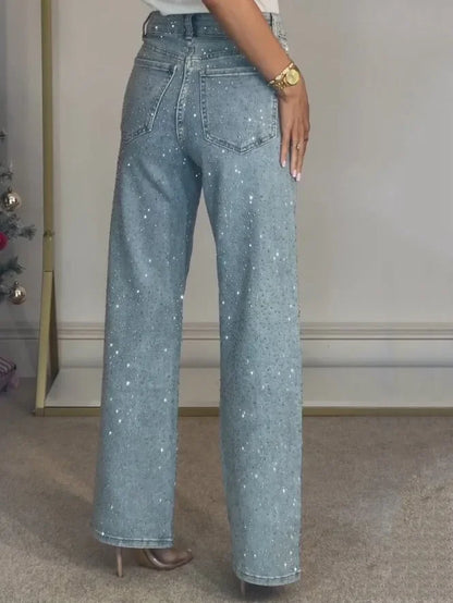 Jeans for Women Straight Diamonds Pants Stretch High Waist Washed Mom Jeans Vintage Denims Streetwear Y2k Streetwear Trousers