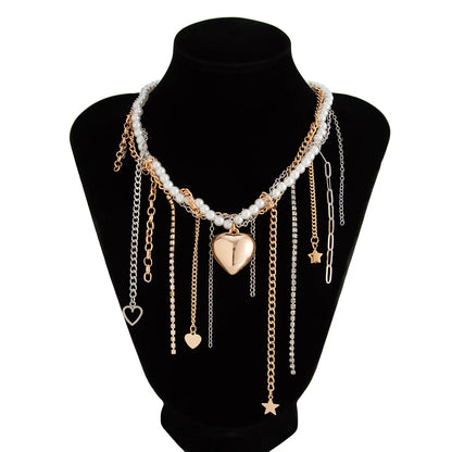 Necklaces for Women Heart-shaped Cross Imitation Pearl Tassel Long Necklace Colliers Femmes Girl Stuff