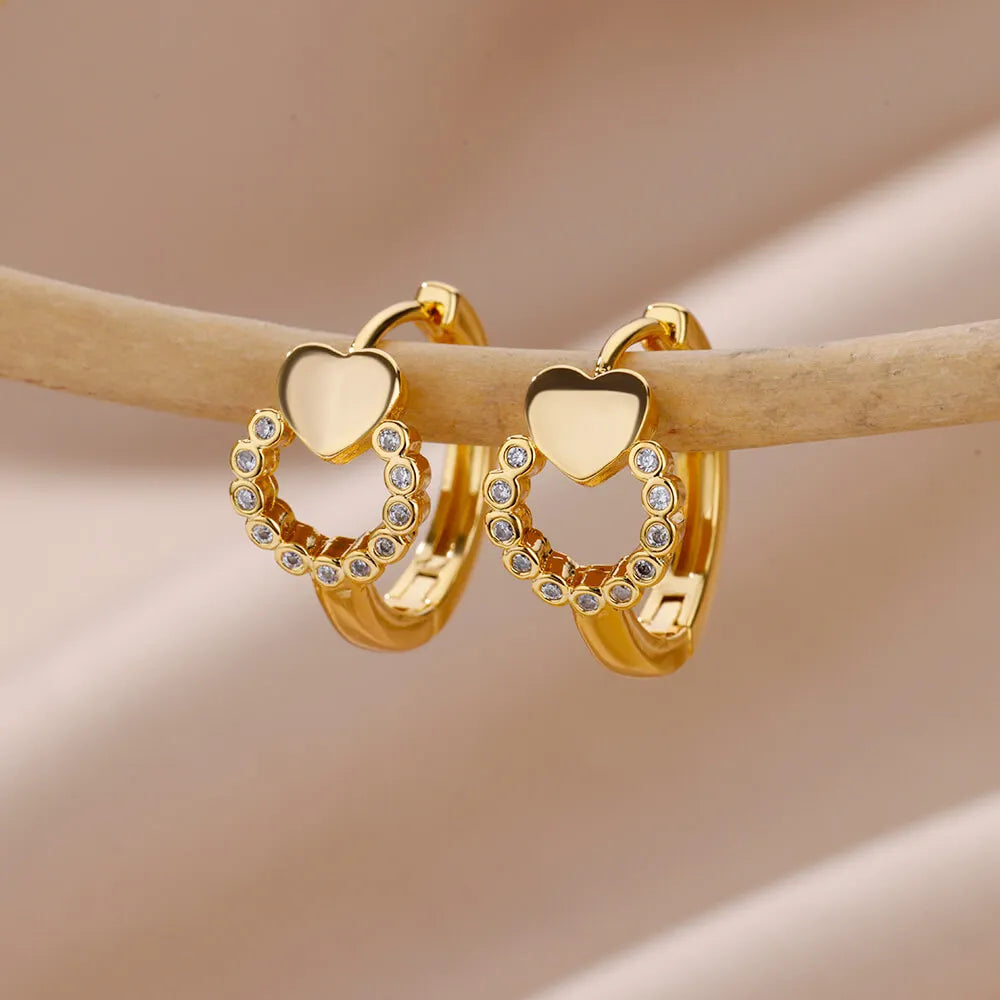 Heart Stainless Steel Earrings for Women Zircon Gold Color Hoop Earring Aesthetic Waterproof Ear Piercing Jewelry Accessories