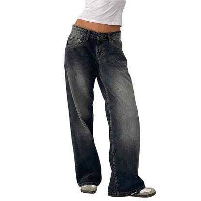 Retro Washed Jeans Women'S Design Sense Mid Waisted Straight-Leg Pants Loose Wide-Leg Mopping Pants Jeans Pants For Woman Jean