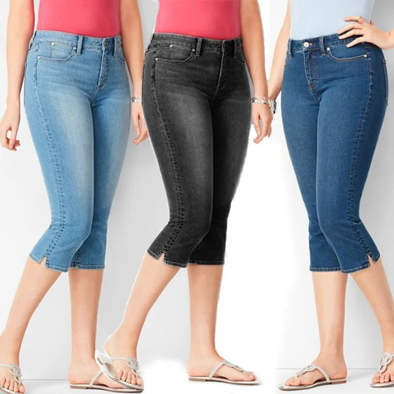 Woman's Jeans Black Denim Pants Ladies Cropped Trousers Skinny  Knee Length Jeans Women Elastic High Waist Mom Jeans Oversize