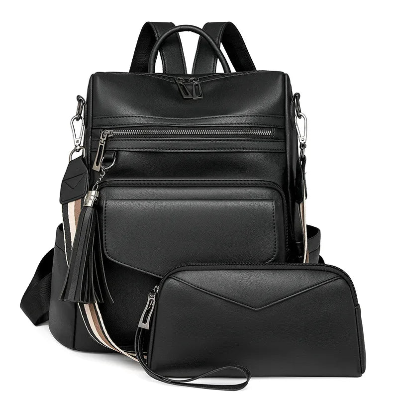 Backpack for Women Large Womens Backpack Leather Travel Fashion Purse Designer Ladies Shoulder Bags with Tassel Two-toned Brown
