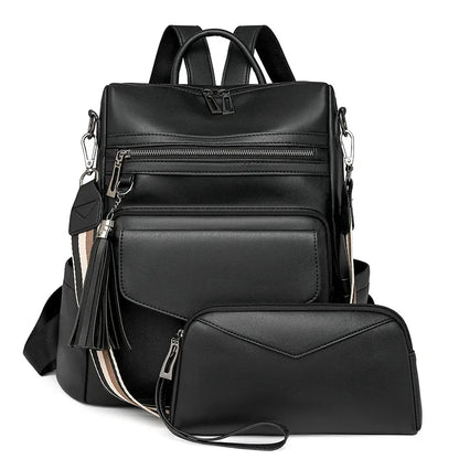 Backpack for Women Large Womens Backpack Leather Travel Fashion Purse Designer Ladies Shoulder Bags with Tassel Two-toned Brown