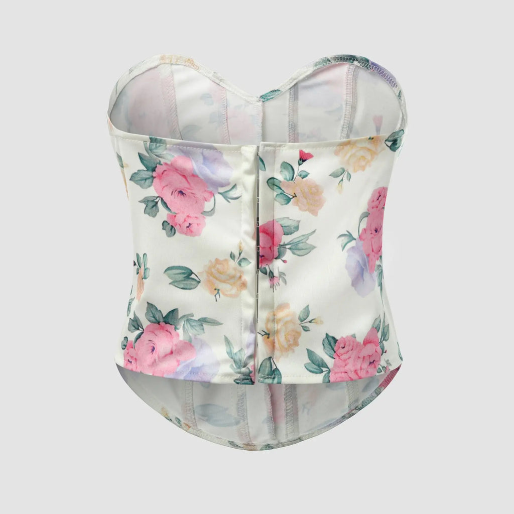 Women Floral Top Sexy Spicy Girl Tank Top Low cut Open Back Flower Wrapped Chest Diamond Fish Bone Strap Waist Vest Tank Top