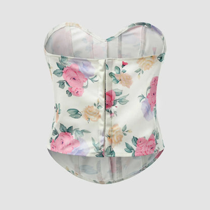 Women Floral Top Sexy Spicy Girl Tank Top Low cut Open Back Flower Wrapped Chest Diamond Fish Bone Strap Waist Vest Tank Top