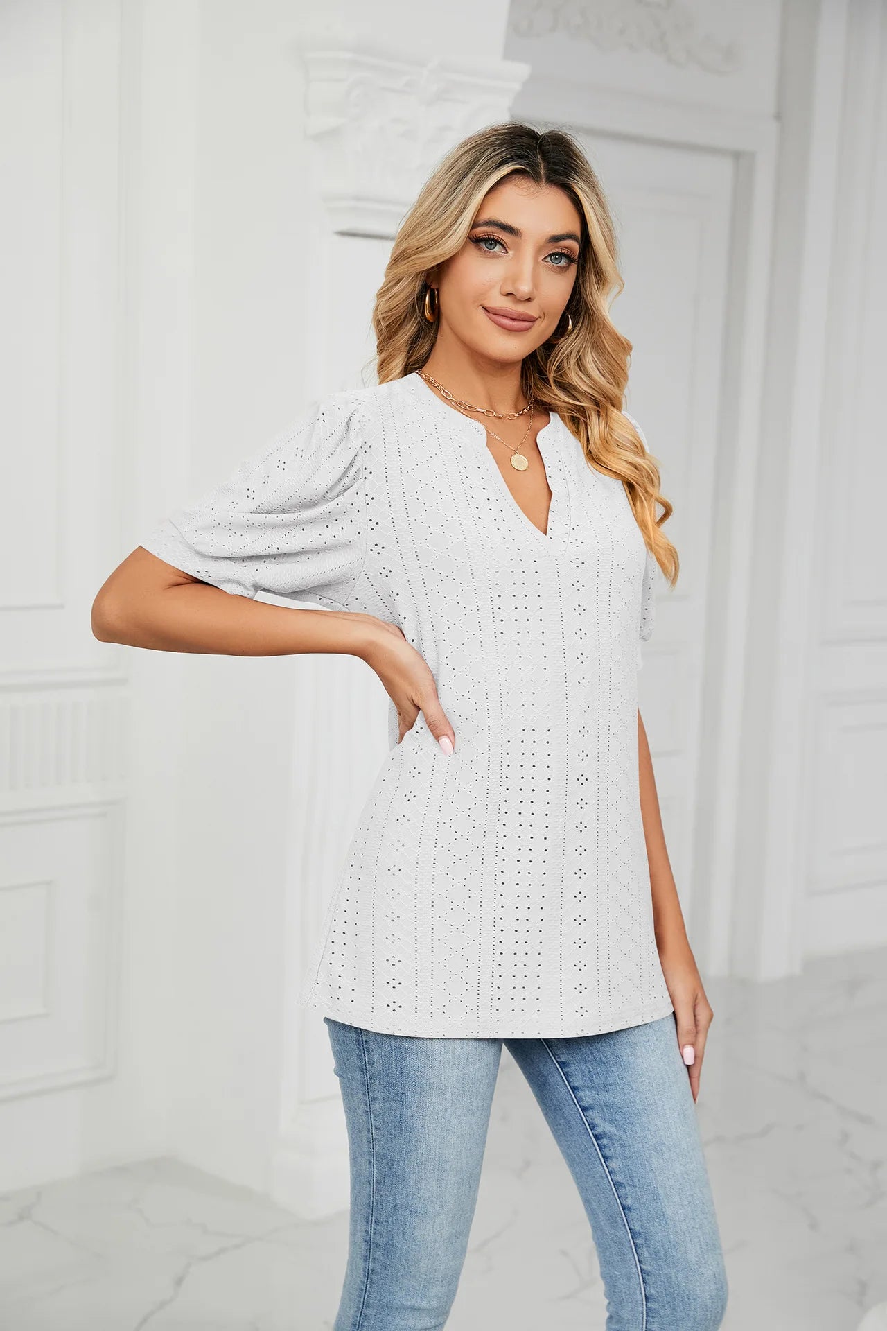 Womens Tops V Neck Ruffle Sleeve Blouses Short Sleeve Casual Tops T-Shirts for Women Autumn Winter