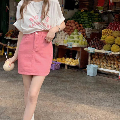 JMPRS Sweet Pink Women Denim Skirts High Waist Student A Line Korean Solid Mini Skirt Causal Summer Vintage Ladies Jeans Skirt