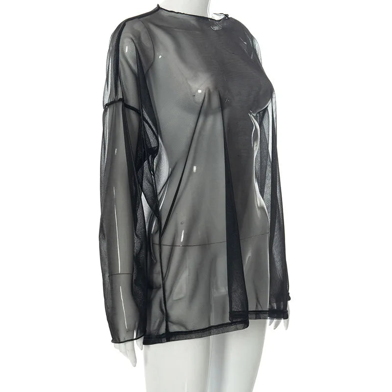 See Through T Shirts For Women Y2k Clothes Sexy Crop Tops Long Sleeve Oversized Tshirt O-Neck Club Outfit Reflective Egirl Tees