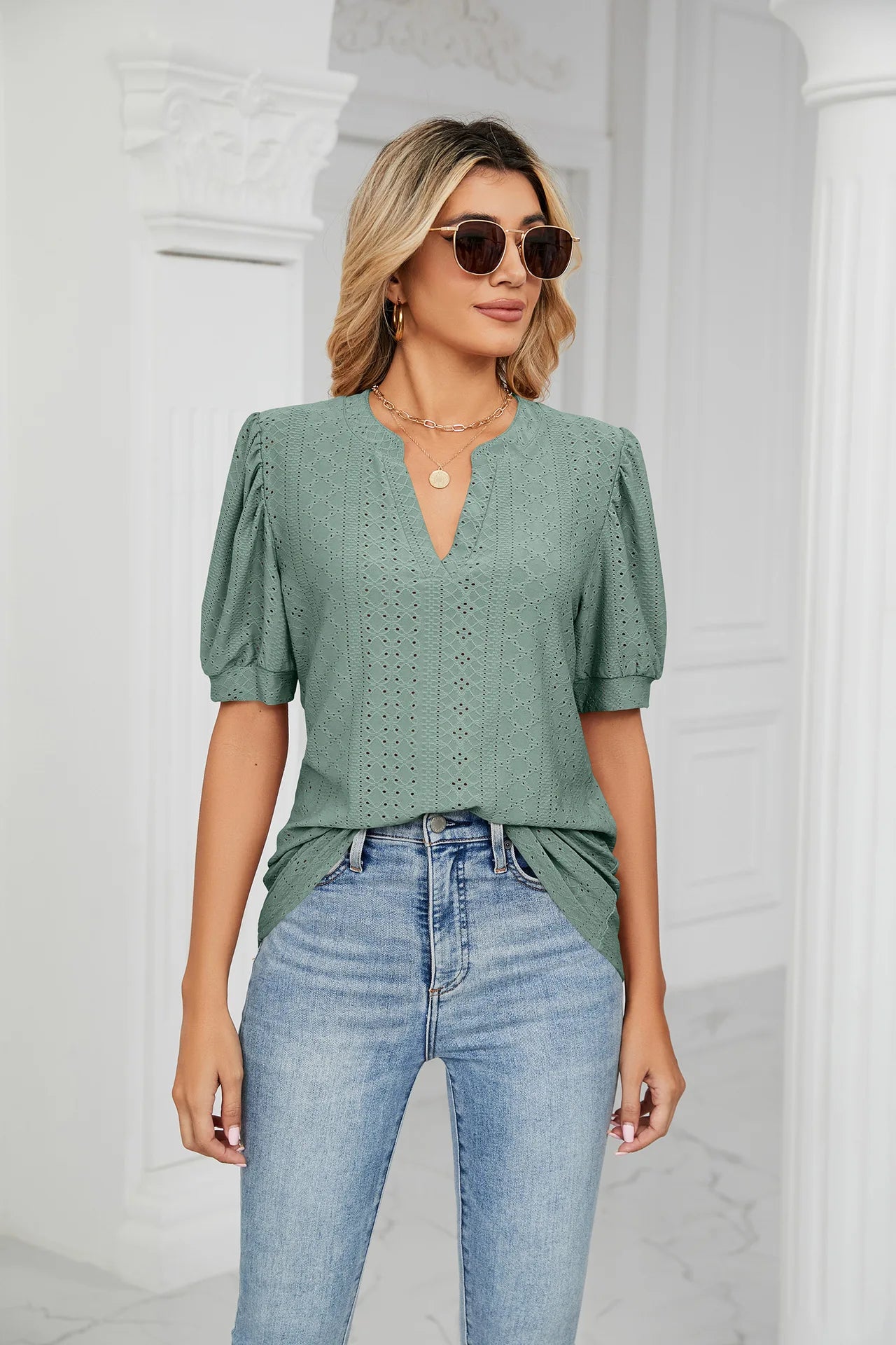 Womens Tops V Neck Ruffle Sleeve Blouses Short Sleeve Casual Tops T-Shirts for Women Autumn Winter