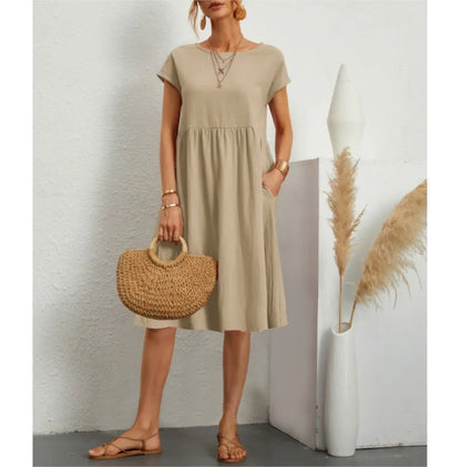 Women's Dresses 2025 Summer Fashion Casual Dresses Women Loose Mid Length Over Knee Dress New Short Sleeve Solid Dress Woman