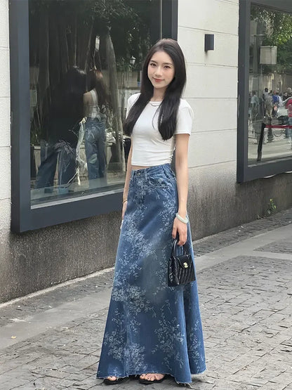 Women Vintage Pattern Printing Denim Skirt Female Long Skirt 90s Fashion Vintage Gradient A-line Jean Skirt Summer Clothes