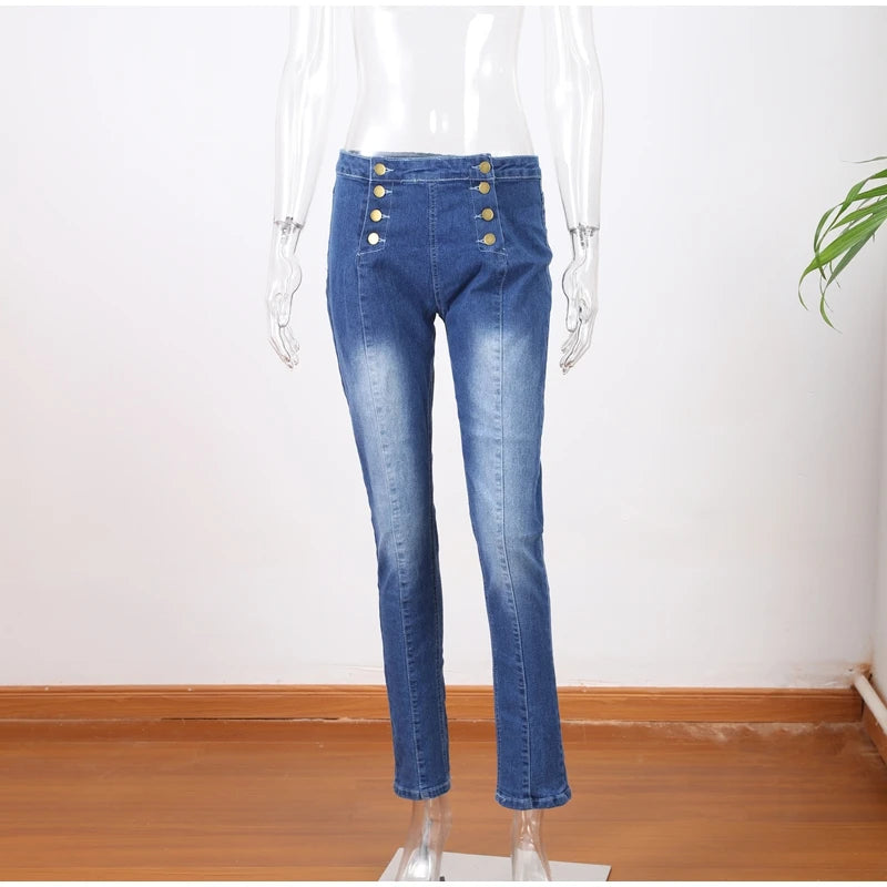 Sexy Stretchy Jeans Women High-waisted Double Breasted Slim Denim Pants Elastic Waist Female Fashion Tight Skinny Denim Trousers