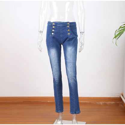 Sexy Stretchy Jeans Women High-waisted Double Breasted Slim Denim Pants Elastic Waist Female Fashion Tight Skinny Denim Trousers