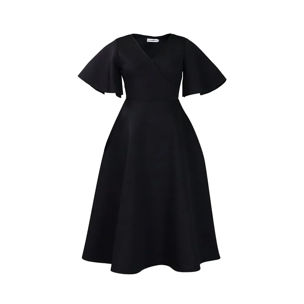 Dress Women Sexy Dresses White Round Neck Flare Sleeve Party Sheath Pleated High Waist Work Elegant Bodycon Mid Length Vestidos