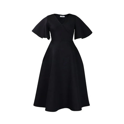 Dress Women Sexy Dresses White Round Neck Flare Sleeve Party Sheath Pleated High Waist Work Elegant Bodycon Mid Length Vestidos