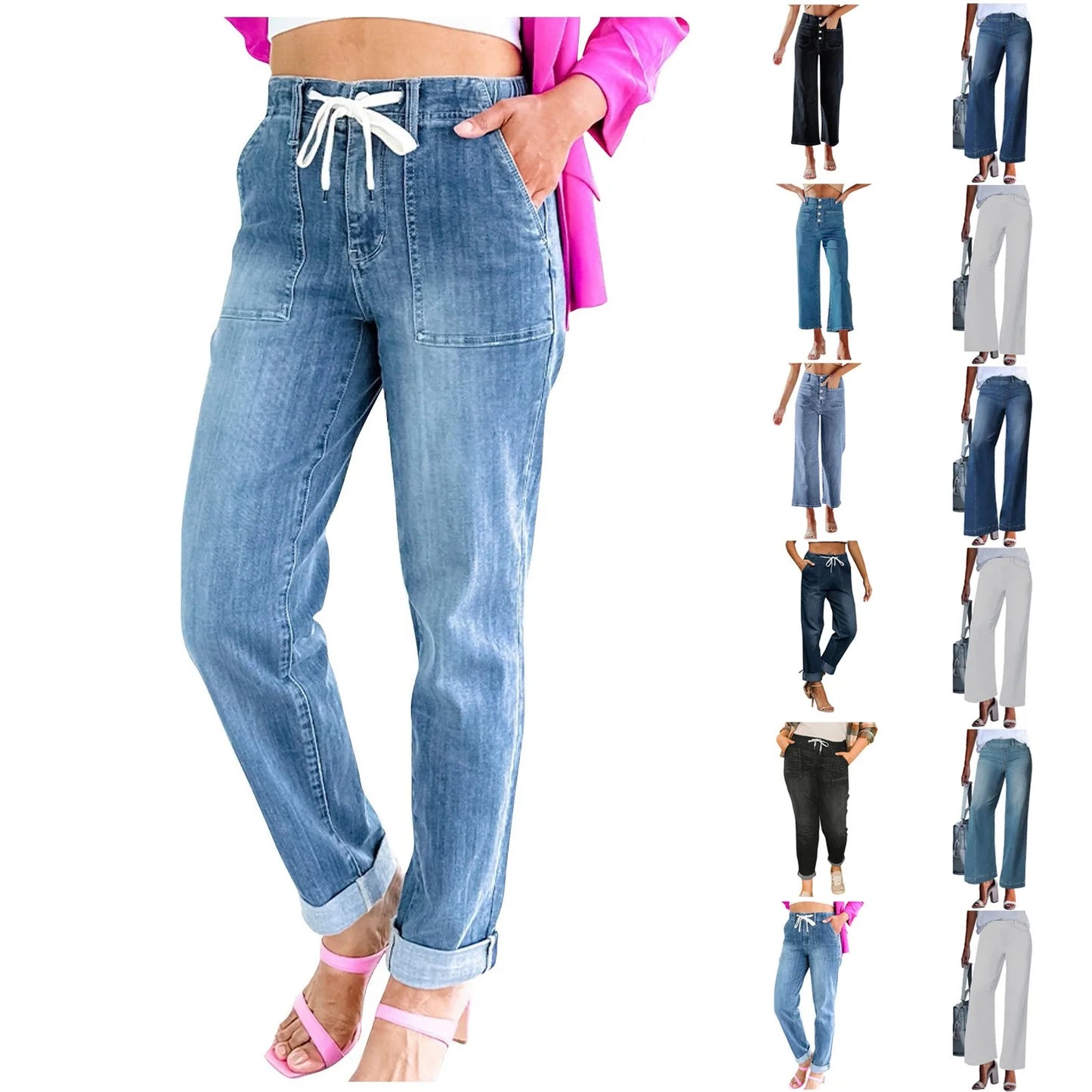 Women Seamed Front Wide Leg Jeans Elastic Waist Stretch Denim Flare Jeans High Waisted Jean Bell Bottom Cropped Pants pantalones