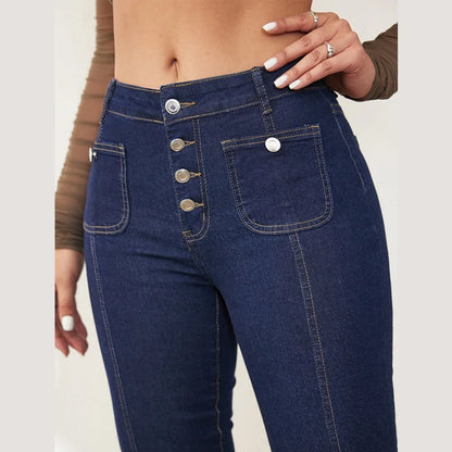 Elegant Single Breasted Women's Denim Flare Pants Retro High Waist High Package Slim Commute Jeans 2025 New Chic Ladies Trousers
