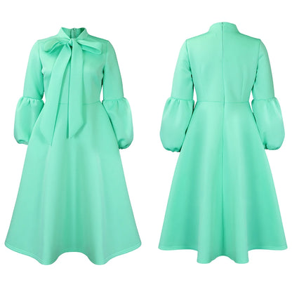 Elegant Dresses for Women Bow Collar Full Sleeve High Waisted A Line Mid Calf Luxury Female Birthday Party Dinner Vestidos Mujer