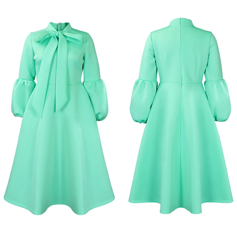 Elegant Dresses for Women Bow Collar Full Sleeve High Waisted A Line Mid Calf Luxury Female Birthday Party Dinner Vestidos Mujer