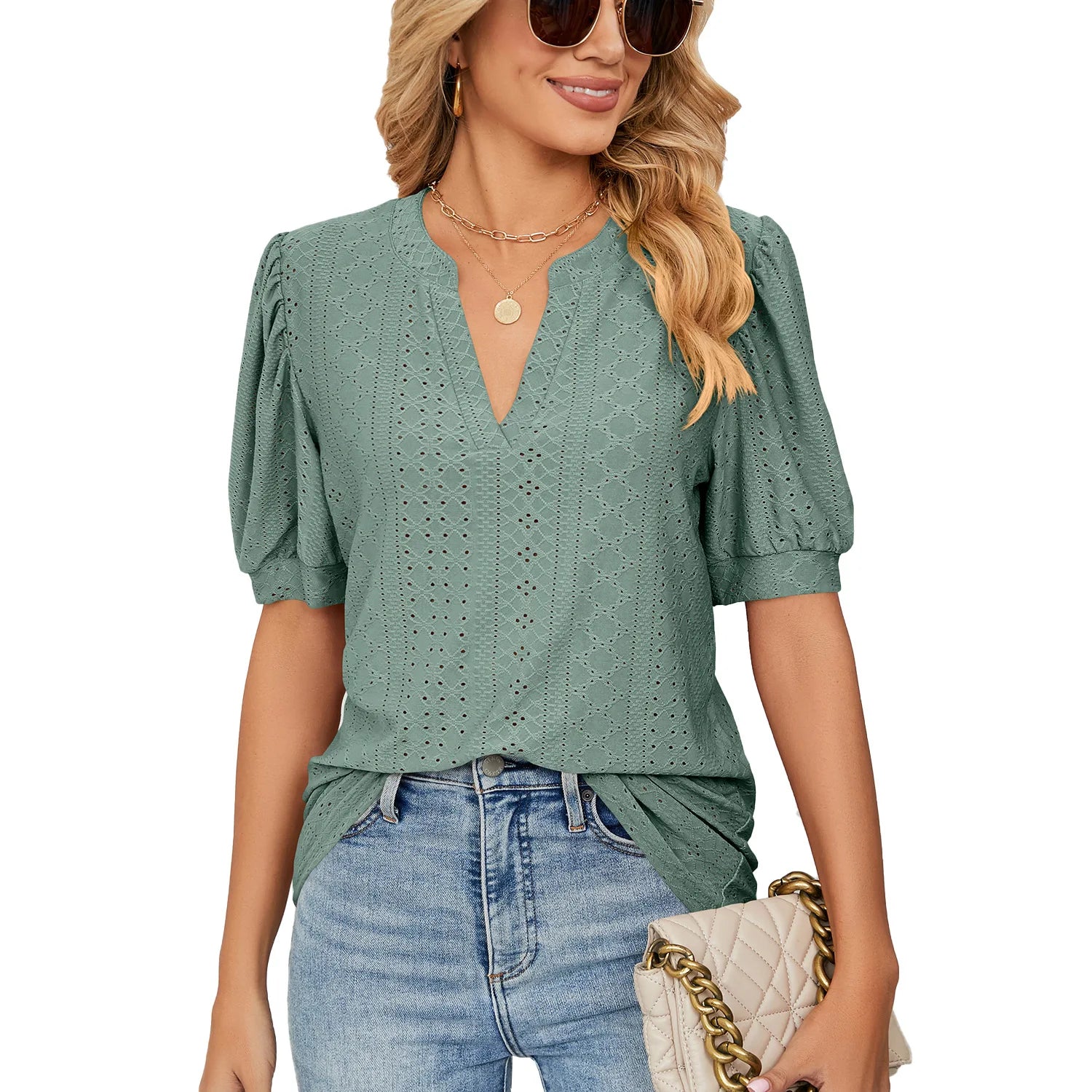 Womens Tops V Neck Ruffle Sleeve Blouses Short Sleeve Casual Tops T-Shirts for Women Autumn Winter