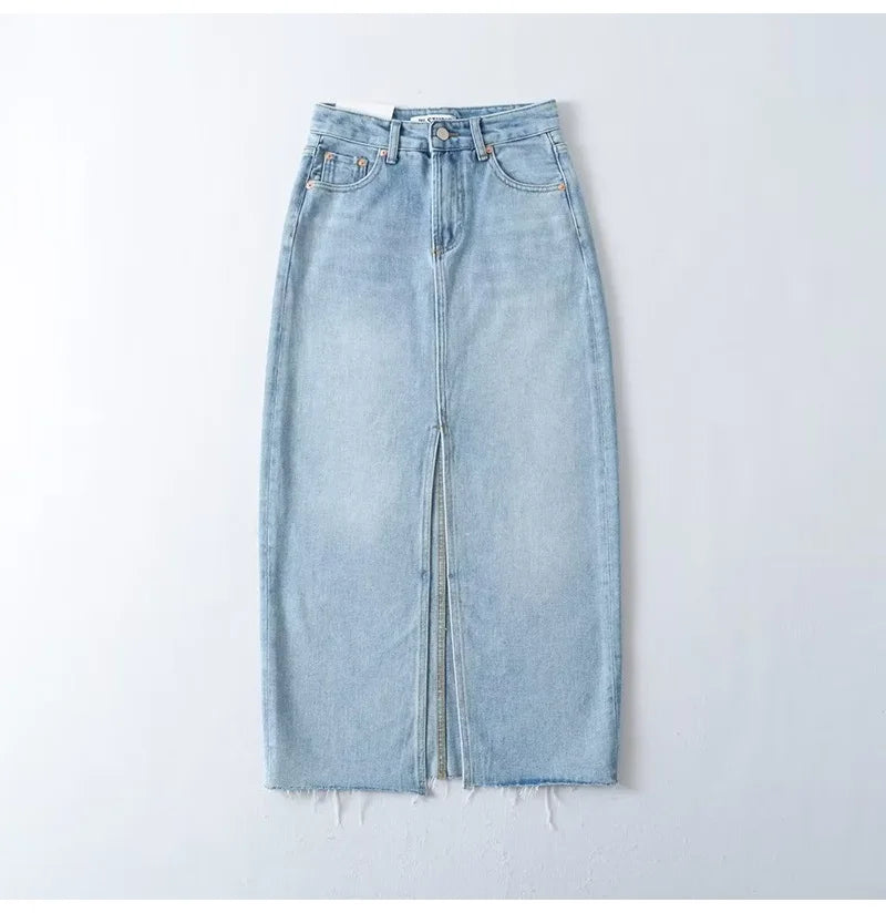 MiuKoMiYa Long Denim Skirts For Women Maxi Spring 2025 Black Front Slit Jean Skirts Womens Long Streetwear Blue Skirt Denim Maxi