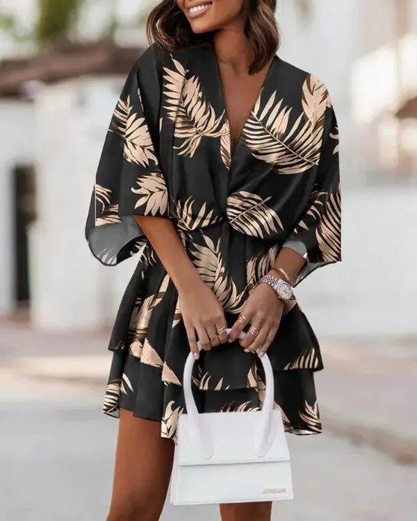 Women Dresses Fashion Vacation Sundress Women's Bat Sleeve Ruffles Dresses Summer Irregular Mini Dress