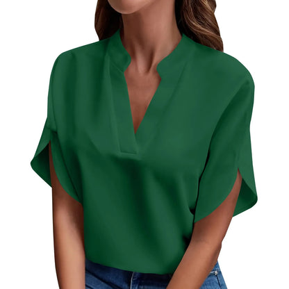 Summer Tops For Women Blouse 2024 Fashion Short Sleeve Solid V Neck Loose Shirts And Blouses Elegant Laies White Tops
