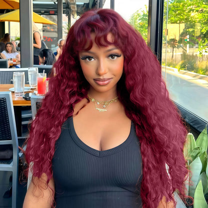 Glueless 200% Density 99J Burgundy Full Machine Made Deep Wave Wig with Bangs Water Wave Red Curly Human Hair Wigs Wear and Go