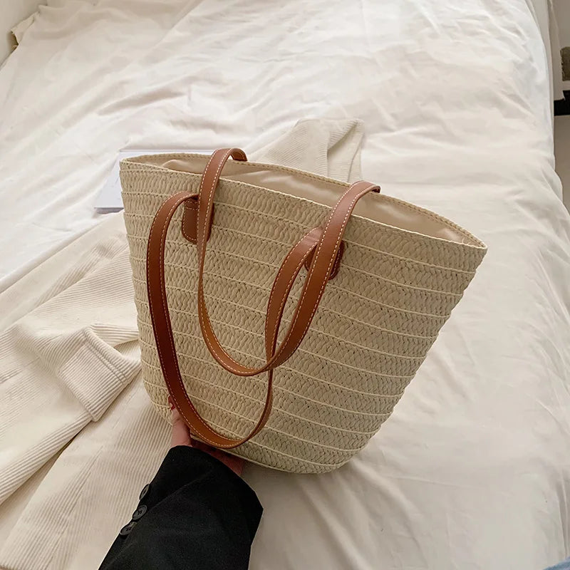 Women Braided Basket Clutches Top-handle Bag Large Straw Portable Shoulder Bag Summer Beach Party Purses Shopper Satchel Female