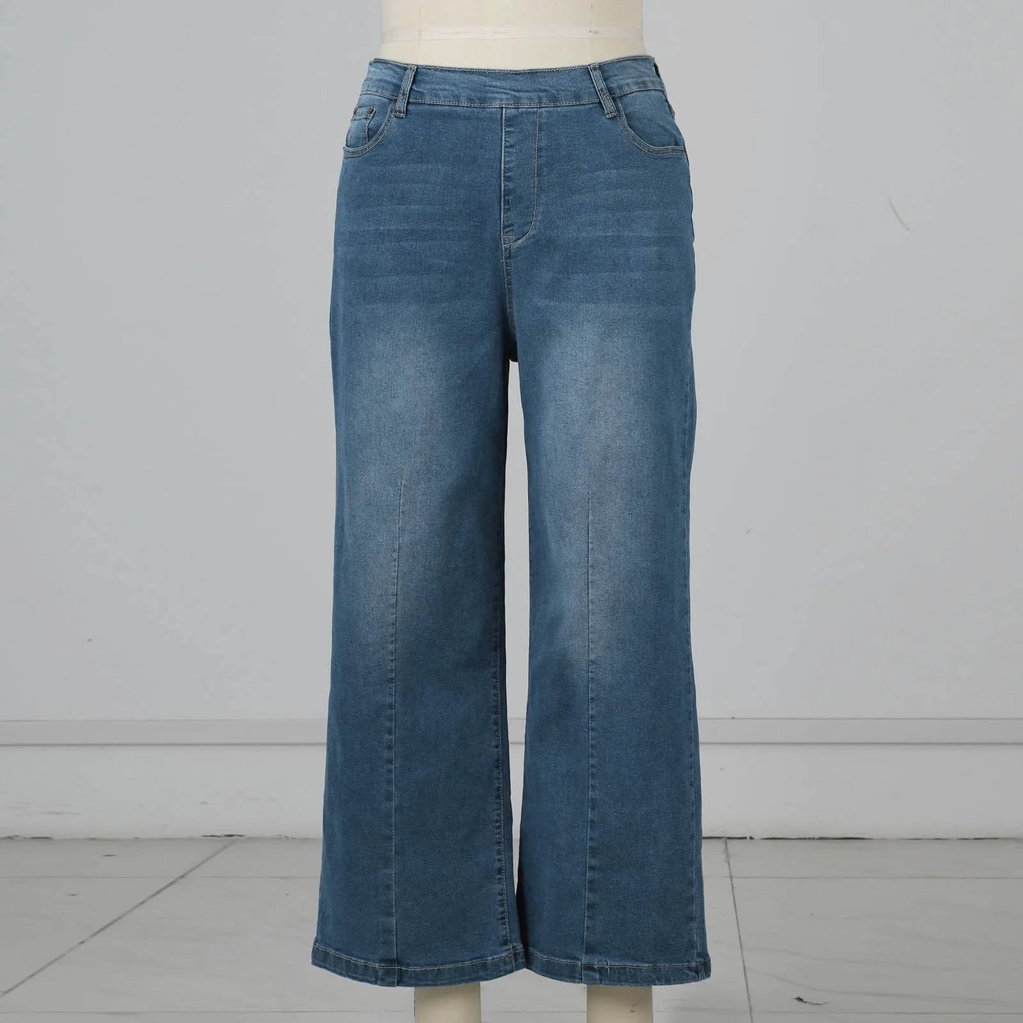 Women Seamed Front Wide Leg Jeans Elastic Waist Stretch Denim Flare Jeans High Waisted Jean Bell Bottom Cropped Pants pantalones