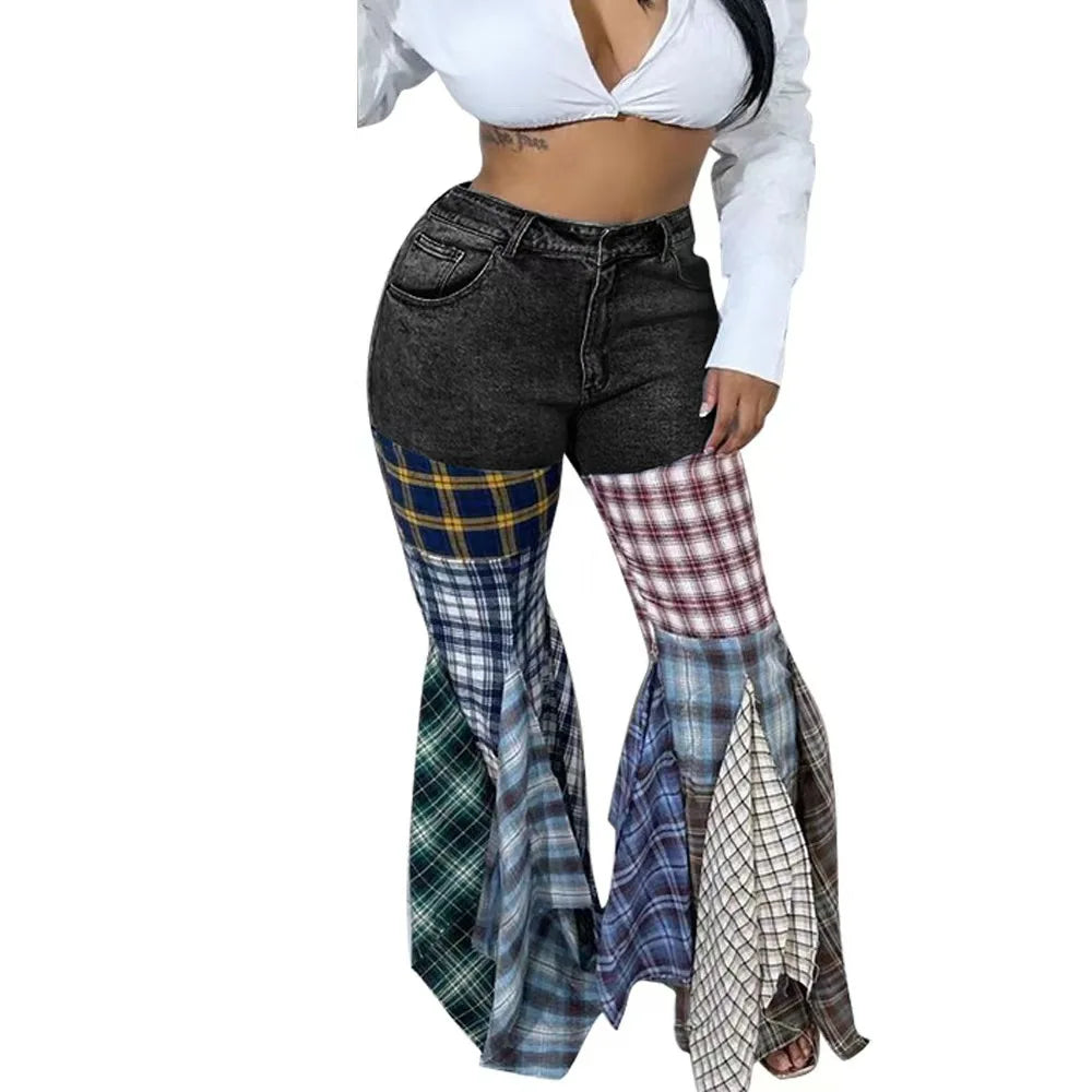 Women Jeans 2024 Summer Fashion Spliced Houndstooth Denim Ruffle Edge Flared High Waist Jeans Pants Female Trousers Streetwear