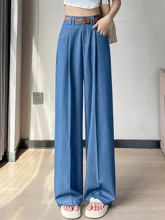 Women's Casual Basic Style Tencel Soft Ice Silk High Waisted Straight Jeans Female Commute Wide-Leg Light Blue Jeans