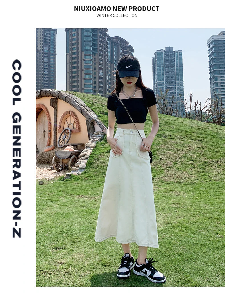 Apricot Denim Skirt Summer Women's 2024 New High Waist Slim Fashion Design Pocket Hip A-line Ankle-length Jean Skirt